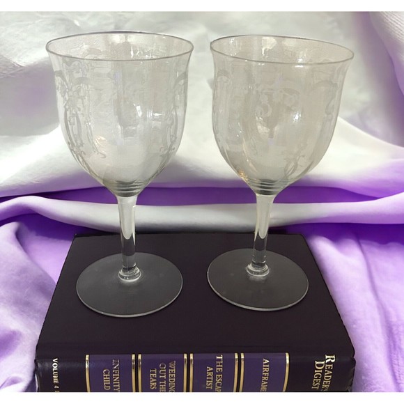 2 Fostoria Lily Of The Valley Etched Optic Water Iced Tea Goblets Antique - Picture 1 of 9